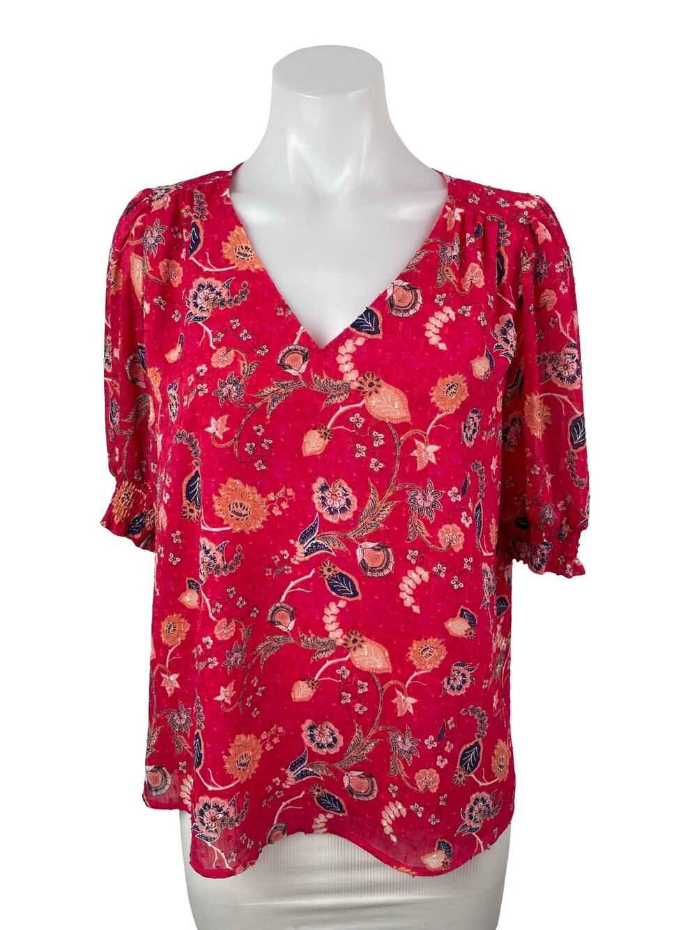 Rachel Zoe Women's Pink Red Floral Short Puff Sleeve V Neck Blouse Top Size M